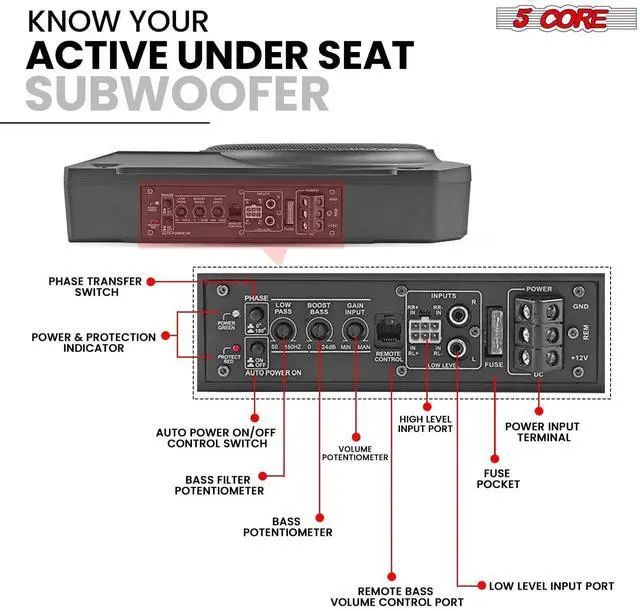 Alt view image 3 of 7 - 5 Core Inc. 10 inch Slim Under Seat Car Audio Subwoofer 800W Active Powered Under-Seat Built in Amplifier Truck Sub Woofer in Enclosure Box + Wiring Kit & Remote Control BTUBE UNDR ST 150