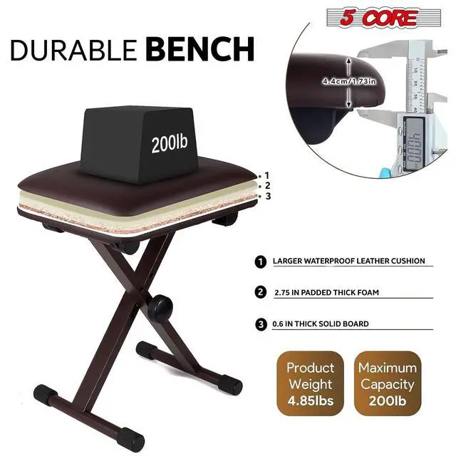 Alt view image 3 of 7 - 5 Core Keyboard Bench 2 Inch Padded Cushioned Piano Stool Height Adjustable Guitar Seat Folding Portable Musician Chair w Nonslip Rubber Feet Black - KBB 02 BLK