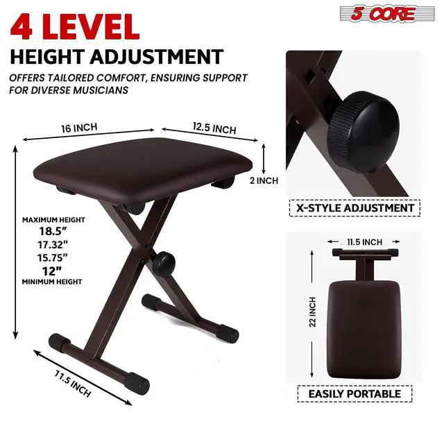 Alt view image 2 of 7 - 5 Core Keyboard Bench 2 Inch Padded Cushioned Piano Stool Height Adjustable Guitar Seat Folding Portable Musician Chair w Nonslip Rubber Feet Black - KBB 02 BLK