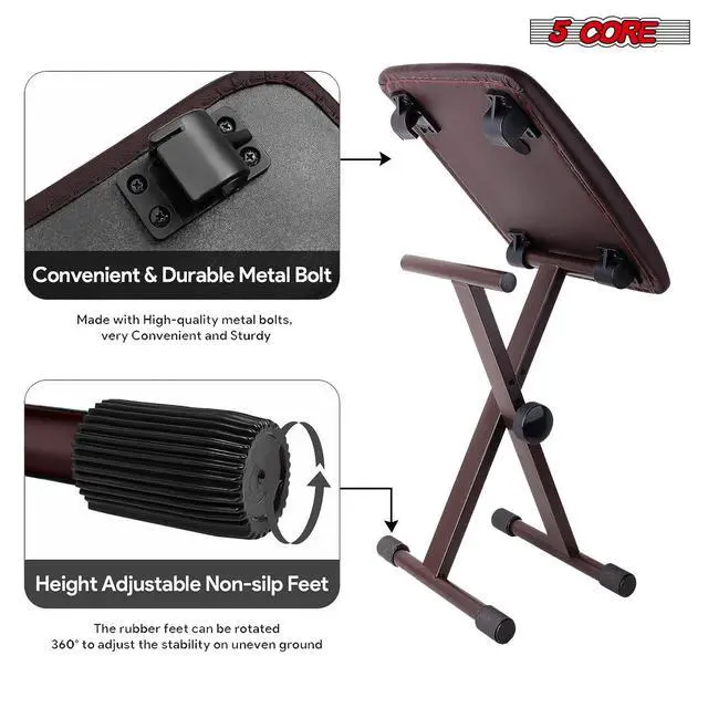 Alt view image 5 of 7 - 5 Core Keyboard Bench 2 Inch Padded Cushioned Piano Stool Height Adjustable Guitar Seat Folding Portable Musician Chair w Nonslip Rubber Feet Black - KBB 02 BLK