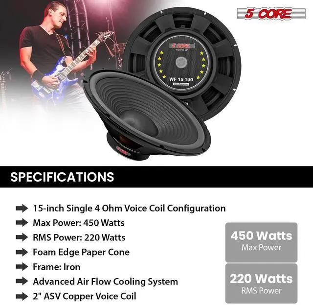 Alt view image 6 of 7 - 5 Core 15 Inch Guitar Speaker Replacement 450W 4 Ohm Low Distortion for Electric Guitar Amp Cabinet