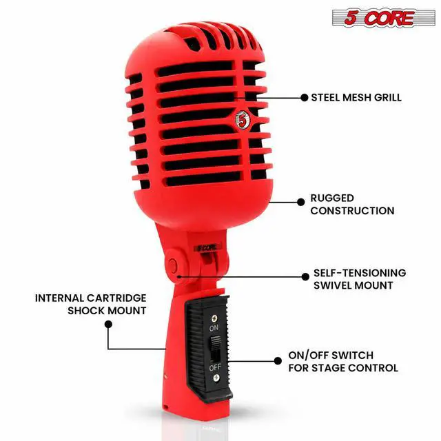 Alt view image 3 of 7 - 5 Core Classic Retro Microphone Dynamic Metal Body Old Vintage Style Unidirectional Cardioid Mic w XLR Input Universal Stand Compatible - RTRO MIC RED