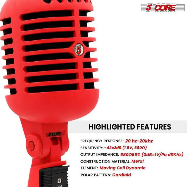 Alt view image 6 of 7 - 5 Core Classic Retro Microphone Dynamic Metal Body Old Vintage Style Unidirectional Cardioid Mic w XLR Input Universal Stand Compatible - RTRO MIC RED