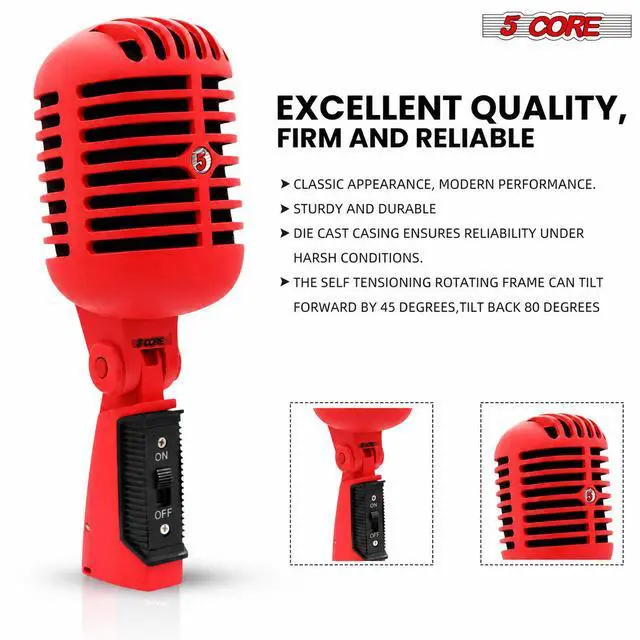 Alt view image 7 of 7 - 5 Core Classic Retro Microphone Dynamic Metal Body Old Vintage Style Unidirectional Cardioid Mic w XLR Input Universal Stand Compatible - RTRO MIC RED
