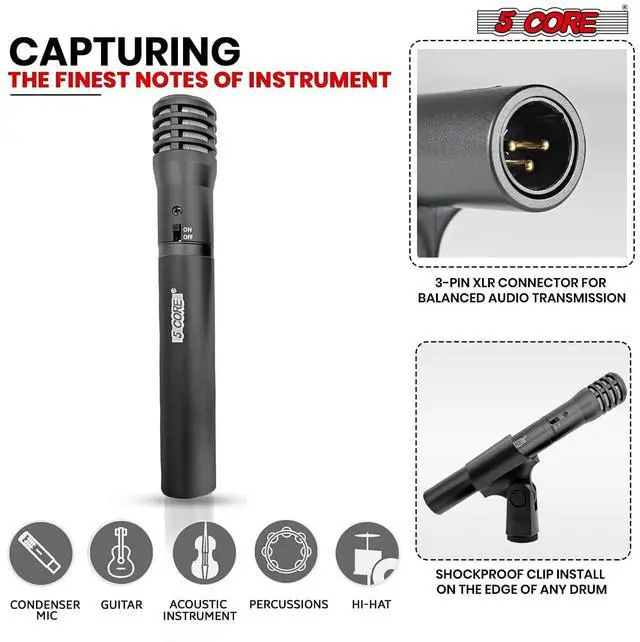 Alt view image 3 of 7 - 5 Core Professional Instrument Microphone Pencil Mic Condenser Cardioid Unidirectional Stick Microfono with Windscreen Mic Clip & Case INSTRU MIC 100 BLK