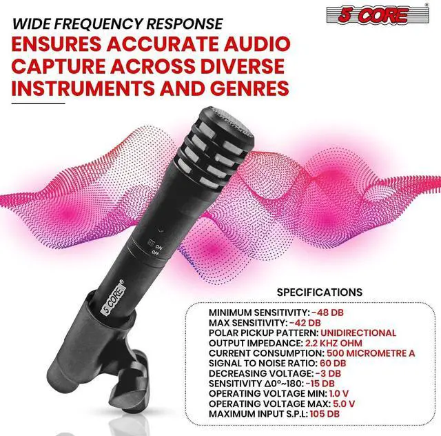 Alt view image 2 of 7 - 5 Core Professional Instrument Microphone Pencil Mic Condenser Cardioid Unidirectional Stick Microfono with Windscreen Mic Clip & Case INSTRU MIC 100 BLK