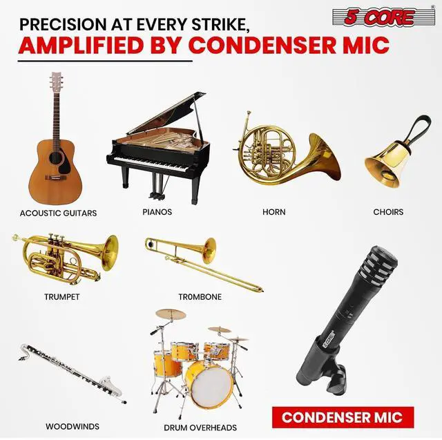 Alt view image 7 of 7 - 5 Core Professional Instrument Microphone Pencil Mic Condenser Cardioid Unidirectional Stick Microfono with Windscreen Mic Clip & Case INSTRU MIC 100 BLK
