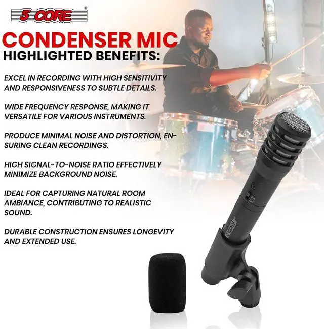 Alt view image 6 of 7 - 5 Core Professional Instrument Microphone Pencil Mic Condenser Cardioid Unidirectional Stick Microfono with Windscreen Mic Clip & Case INSTRU MIC 100 BLK