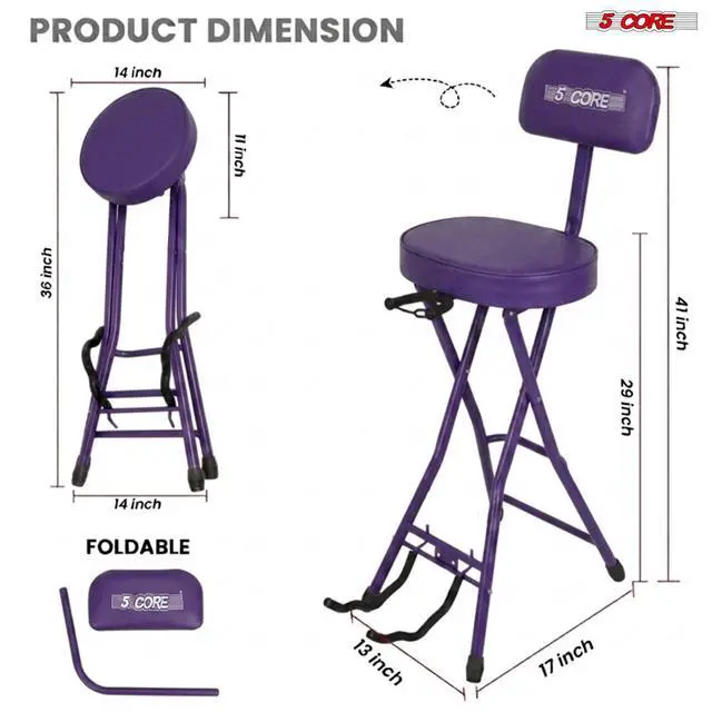 Alt view image 5 of 7 - 5Core Guitar Stool 3.15" Padded Chair w Backrest Foldable Music Seat Built in Foot Rest Guitar Stand