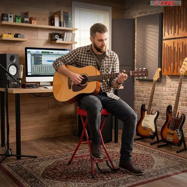 Alt view image 2 of 7 - 5Core Guitar Stool 3.15" Padded Chair w Backrest Foldable Music Seat Built in Foot Rest Guitar Stand