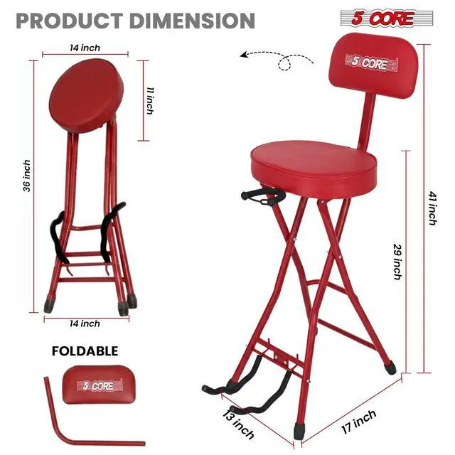 Alt view image 6 of 7 - 5Core Guitar Stool 3.15" Padded Chair w Backrest Foldable Music Seat Built in Foot Rest Guitar Stand