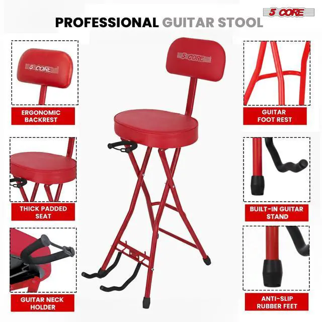 Alt view image 7 of 7 - 5Core Guitar Stool 3.15" Padded Chair w Backrest Foldable Music Seat Built in Foot Rest Guitar Stand