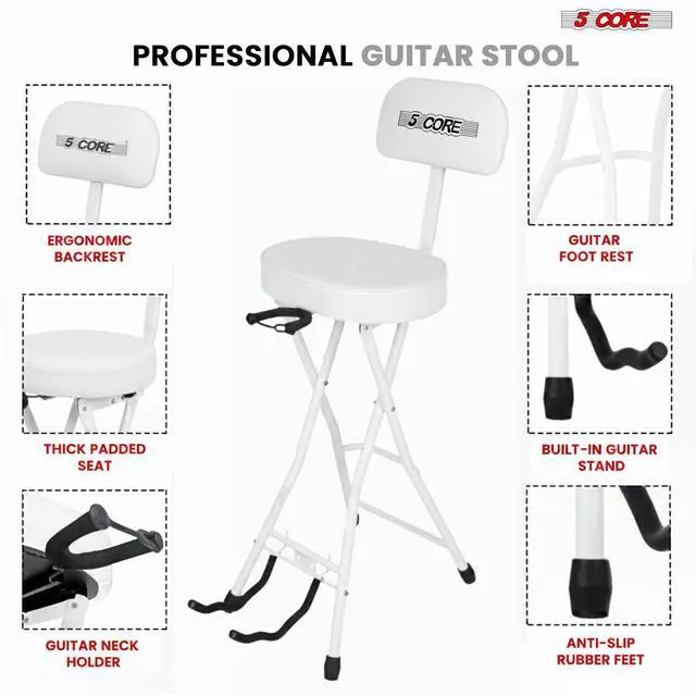 Alt view image 5 of 7 - 5Core Guitar Stool 3.15" Padded Chair w Backrest Foldable Music Seat Built in Foot Rest Guitar Stand