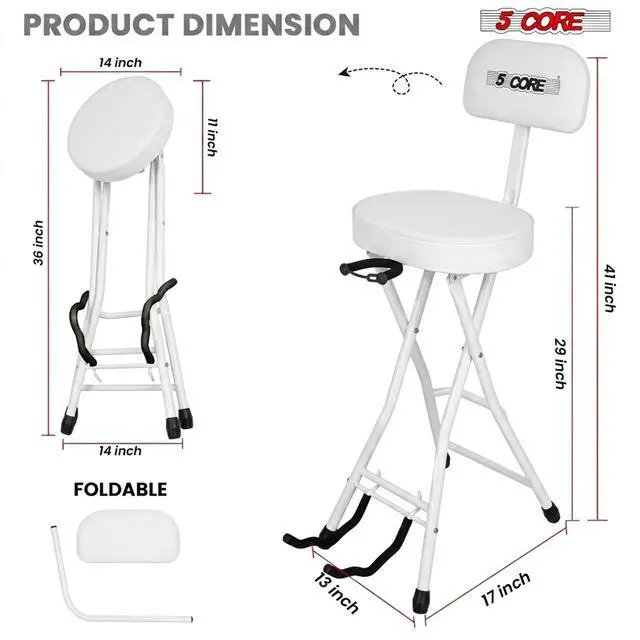 Alt view image 6 of 7 - 5Core Guitar Stool 3.15" Padded Chair w Backrest Foldable Music Seat Built in Foot Rest Guitar Stand