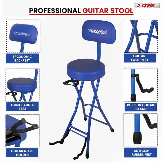 Alt view image 6 of 7 - 5Core Guitar Stool 3.15" Padded Chair w Backrest Foldable Music Seat Built in Foot Rest Guitar Stand
