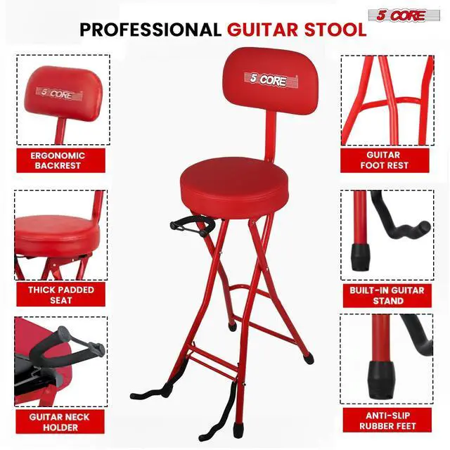 Alt view image 5 of 7 - 5Core Guitar Stool 3.15" Padded Chair w Backrest Foldable Music Seat Built in Foot Rest Guitar Stand