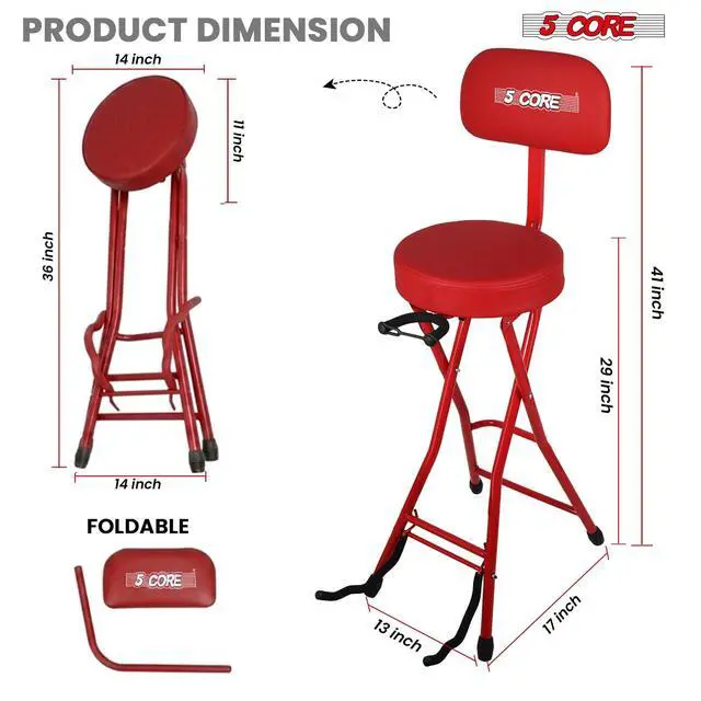 Alt view image 6 of 7 - 5Core Guitar Stool 3.15" Padded Chair w Backrest Foldable Music Seat Built in Foot Rest Guitar Stand