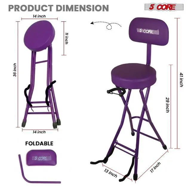 Alt view image 5 of 7 - 5Core Guitar Stool 3.15" Padded Chair w Backrest Foldable Music Seat Built in Foot Rest Guitar Stand