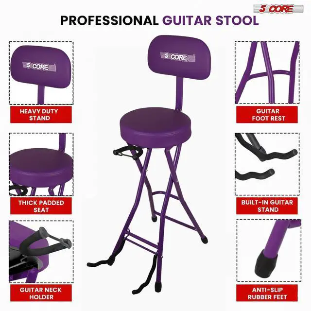 Alt view image 6 of 7 - 5Core Guitar Stool 3.15" Padded Chair w Backrest Foldable Music Seat Built in Foot Rest Guitar Stand