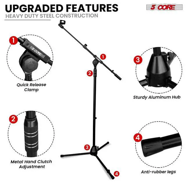Alt view image 6 of 7 - 5 Core Mic Stand Height Adjustable Universal Microphone Stands Floor w 180° Rotating Extending Telescoping Boom Arm Knob Tension Lock Mechanism for On Stage Home Studio Black - TBMS 80 HD