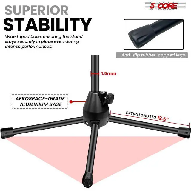 Alt view image 7 of 7 - 5 Core Mic Stand Height Adjustable Universal Microphone Stands Floor w 180° Rotating Extending Telescoping Boom Arm Knob Tension Lock Mechanism for On Stage Home Studio Black - TBMS 80 HD