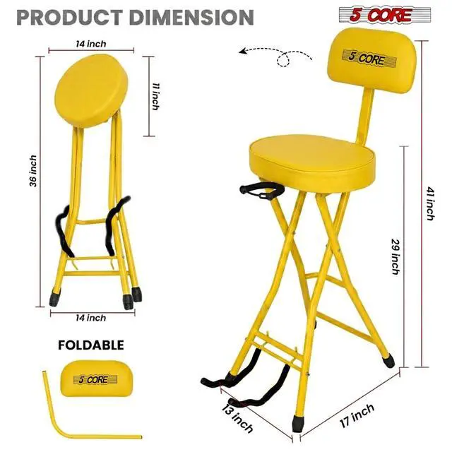 Alt view image 5 of 7 - 5Core Guitar Stool 3.15" Padded Chair w Backrest Foldable Music Seat Built in Foot Rest Guitar Stand