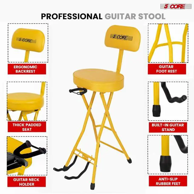 Alt view image 6 of 7 - 5Core Guitar Stool 3.15" Padded Chair w Backrest Foldable Music Seat Built in Foot Rest Guitar Stand