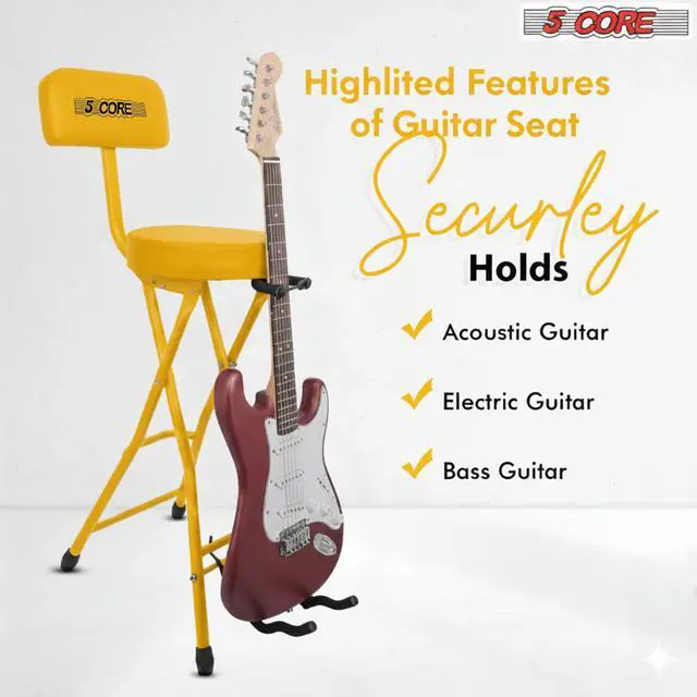 Alt view image 7 of 7 - 5Core Guitar Stool 3.15" Padded Chair w Backrest Foldable Music Seat Built in Foot Rest Guitar Stand