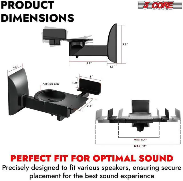 Alt view image 4 of 7 - 5 Core Speaker Wall Mount Adjustable Shelf Holder Swivel 180 Degree Bookshelf Brackets - 11 Inch Space for Speakers Pair Holds Upto - 55lbs WST 04-11 Pair