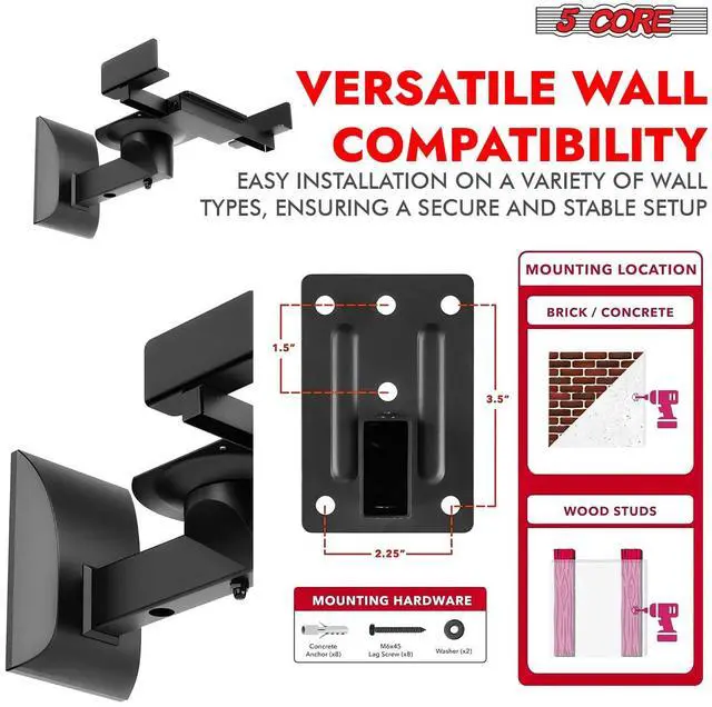 Alt view image 2 of 7 - 5 Core Speaker Wall Mount Adjustable Shelf Holder Swivel 180 Degree Bookshelf Brackets - 11 Inch Space for Speakers Pair Holds Upto - 55lbs WST 04-11 Pair