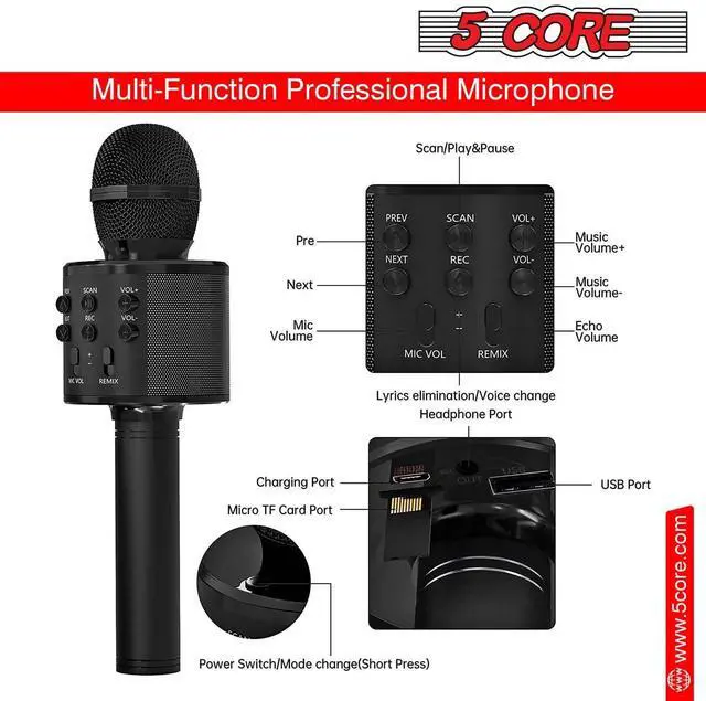Alt view image 4 of 7 - 5 Core Inc. Karaoke Microphone Bluetooth Mic Portable Handheld Wireless Singing Machine Cordless Microfonos - WM SPK BLK