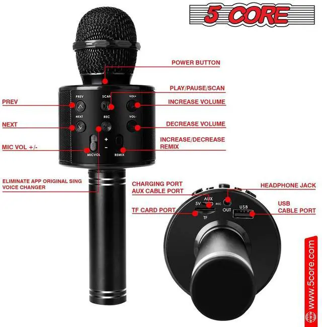 Alt view image 6 of 7 - 5 Core Inc. Karaoke Microphone Bluetooth Mic Portable Handheld Wireless Singing Machine Cordless Microfonos - WM SPK BLK