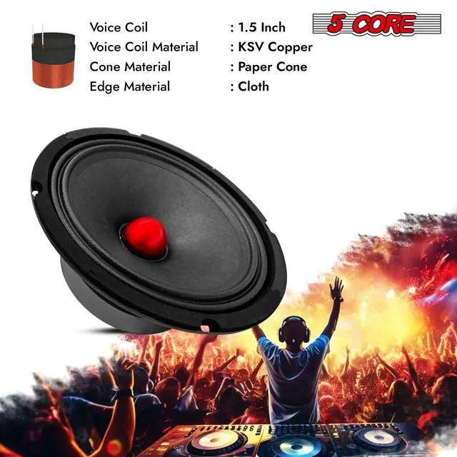 Alt view image 6 of 10 - 5 CORE 8 Inch Speaker Mid Range Bullet Pro Audio Replacement PA DJ Car Driver Red Aluminium Bullet 500W Max 8 Ohms Audio Door Speakers for Vehicle or Truck Sound System - MR 8 BLT R 8oHM