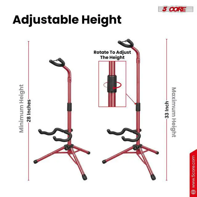 Alt view image 2 of 7 - 5 Core Guitar Stand Floor Adjustable Heavy Duty w Neck Holder Universal Supports for Acoustic Electric Classic Bass Instrument Folding Portable Red - GSH HD RED