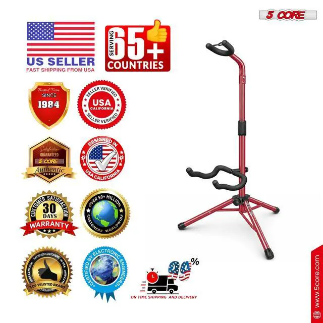 Alt view image 3 of 7 - 5 Core Guitar Stand Floor Adjustable Heavy Duty w Neck Holder Universal Supports for Acoustic Electric Classic Bass Instrument Folding Portable Red - GSH HD RED