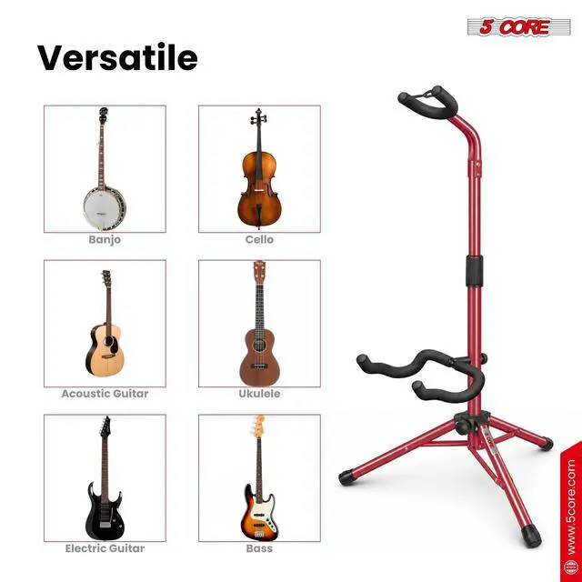Alt view image 4 of 7 - 5 Core Guitar Stand Floor Adjustable Heavy Duty w Neck Holder Universal Supports for Acoustic Electric Classic Bass Instrument Folding Portable Red - GSH HD RED