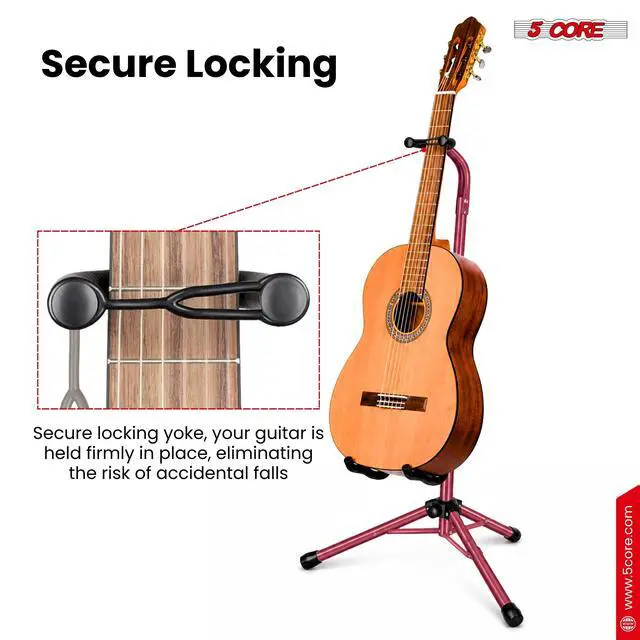 Alt view image 5 of 7 - 5 Core Guitar Stand Floor Adjustable Heavy Duty w Neck Holder Universal Supports for Acoustic Electric Classic Bass Instrument Folding Portable Red - GSH HD RED