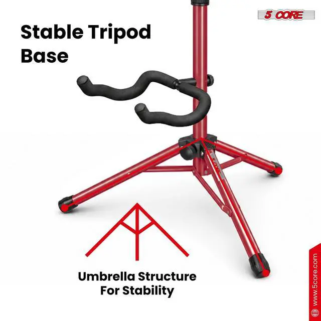 Alt view image 6 of 7 - 5 Core Guitar Stand Floor Adjustable Heavy Duty w Neck Holder Universal Supports for Acoustic Electric Classic Bass Instrument Folding Portable Red - GSH HD RED