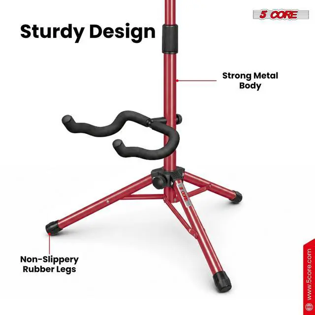 Alt view image 7 of 7 - 5 Core Guitar Stand Floor Adjustable Heavy Duty w Neck Holder Universal Supports for Acoustic Electric Classic Bass Instrument Folding Portable Red - GSH HD RED