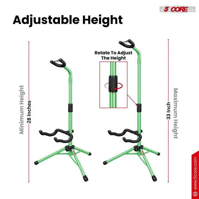 Alt view image 2 of 7 - 5 Core Guitar Stand Floor Adjustable Heavy Duty w Neck Holder Universal Supports for Acoustic Electric Classic Bass Instrument Folding Portable Green - GSH HD GR