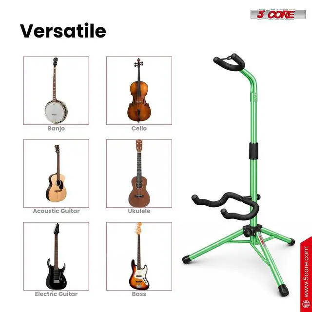 Alt view image 3 of 7 - 5 Core Guitar Stand Floor Adjustable Heavy Duty w Neck Holder Universal Supports for Acoustic Electric Classic Bass Instrument Folding Portable Green - GSH HD GR