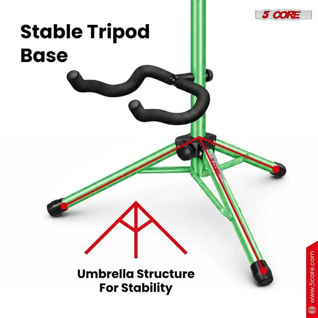 Alt view image 5 of 7 - 5 Core Guitar Stand Floor Adjustable Heavy Duty w Neck Holder Universal Supports for Acoustic Electric Classic Bass Instrument Folding Portable Green - GSH HD GR