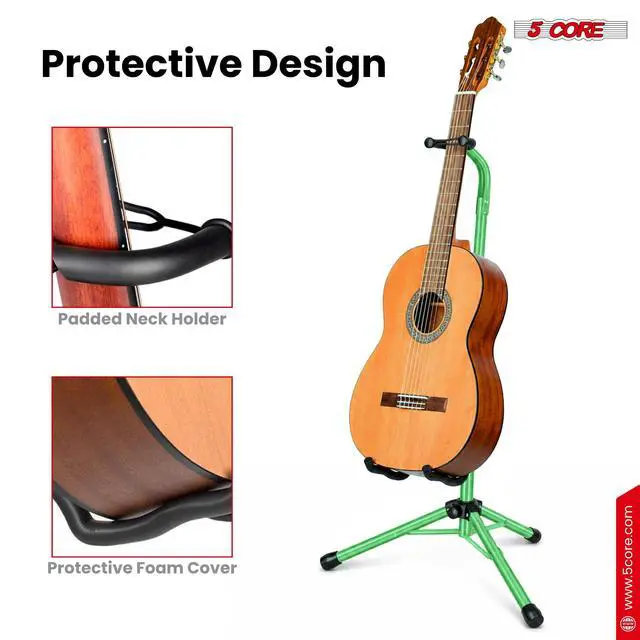 Alt view image 7 of 7 - 5 Core Guitar Stand Floor Adjustable Heavy Duty w Neck Holder Universal Supports for Acoustic Electric Classic Bass Instrument Folding Portable Green - GSH HD GR