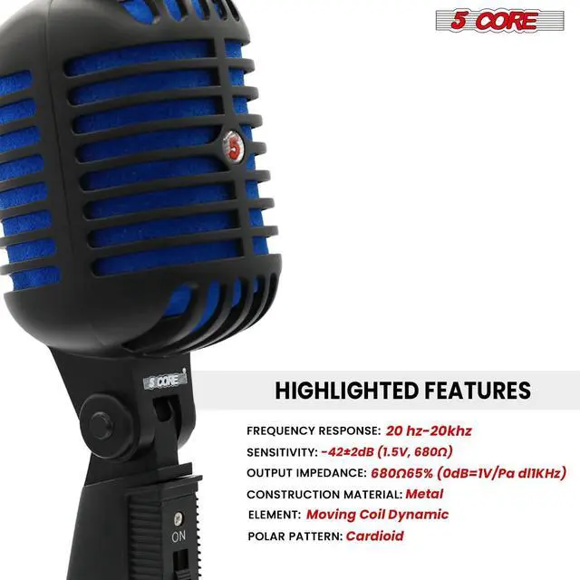 Alt view image 4 of 7 - 5 Core Inc. Classic Retro Microphone Dynamic Metal Body Old Vintage Style Unidirectional Cardioid Mic For Singing w XLR Input - RTRO MIC CH BLK-BLU