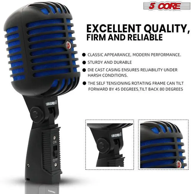 Alt view image 5 of 7 - 5 Core Inc. Classic Retro Microphone Dynamic Metal Body Old Vintage Style Unidirectional Cardioid Mic For Singing w XLR Input - RTRO MIC CH BLK-BLU