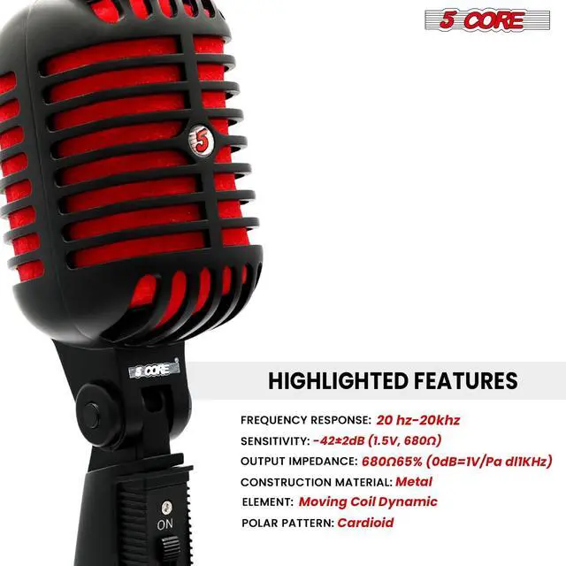 Alt view image 4 of 7 - 5 Core Inc. Professional Vintage Microphone for Singing Dynamic Super Cardiod XLR Old Retro Vocal Mic Stage Unidirectional Classic Studio Microfono Recording Wired Corded for Live Performance