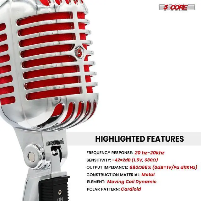 Alt view image 2 of 7 - 5 Core Professional Vintage Microphone for Singing Dynamic Super Cardiod XLR Old Retro Vocal Mic Stage Unidirectional Classic Studio Microfono Recording Wired Corded for Live Performance - RTRO MIC CH