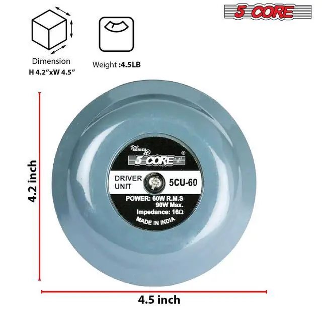 Alt view image 5 of 8 - 5 Core Compression Driver 600W PMPO 16 Ohm Screw on Type Mid Range Horn Throat Tweeter Speaker 60W RMS 18 TPI Threading Aluminum Body- DU 60W