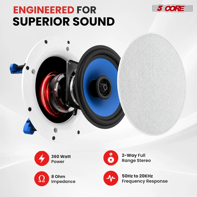 Alt view image 2 of 7 - 5 Core 6.5 Inch In-Ceiling In-Wall Speaker 360W 2-Way Pair Flush Mount House Home Theater Speakers