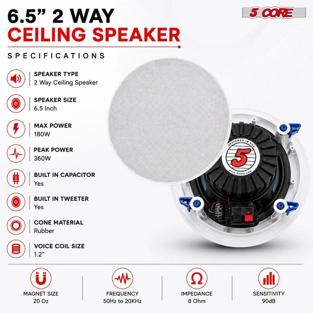 Alt view image 7 of 7 - 5 Core 6.5 Inch In-Ceiling In-Wall Speaker 360W 2-Way Pair Flush Mount House Home Theater Speakers